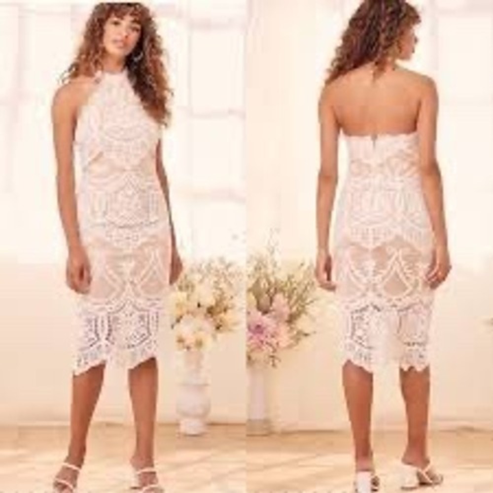 Lulus Celebrate Life White Lace Illusion Halter Midi Bodycon‎ Dress, Small